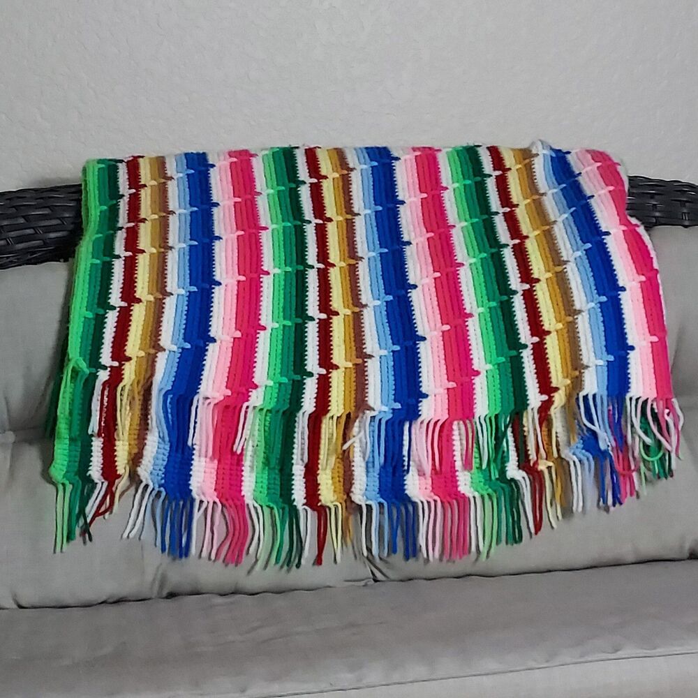 VTG Crochet Handmade Wavy / Stripe Colorful Afghan Blanket 56” x 56" Fringe 3"
